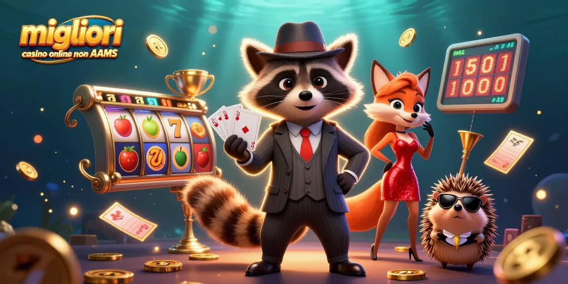 Migliori casino online non AAMS scena che mette in mostra un procione, una volpe e un riccio con elementi vivaci dei giochi di slot.