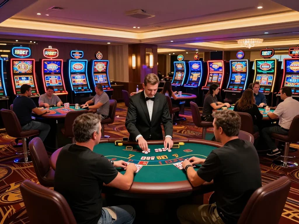 I9BET players enjoying exciting casino games at a luxurious gambling venue, highlighting strategic gameplay.