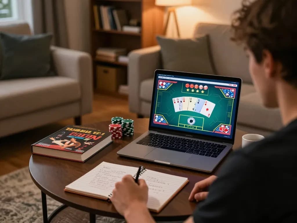 Play poker online at ku88 with a dynamic gaming setup showcasing strategy notes and warm atmosphere.