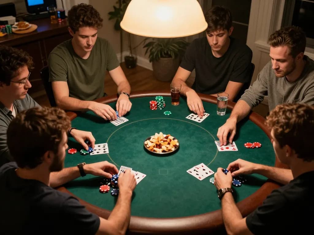 Friends enjoy a thrilling poker night at home, strategizing their next moves with 98win gaming.