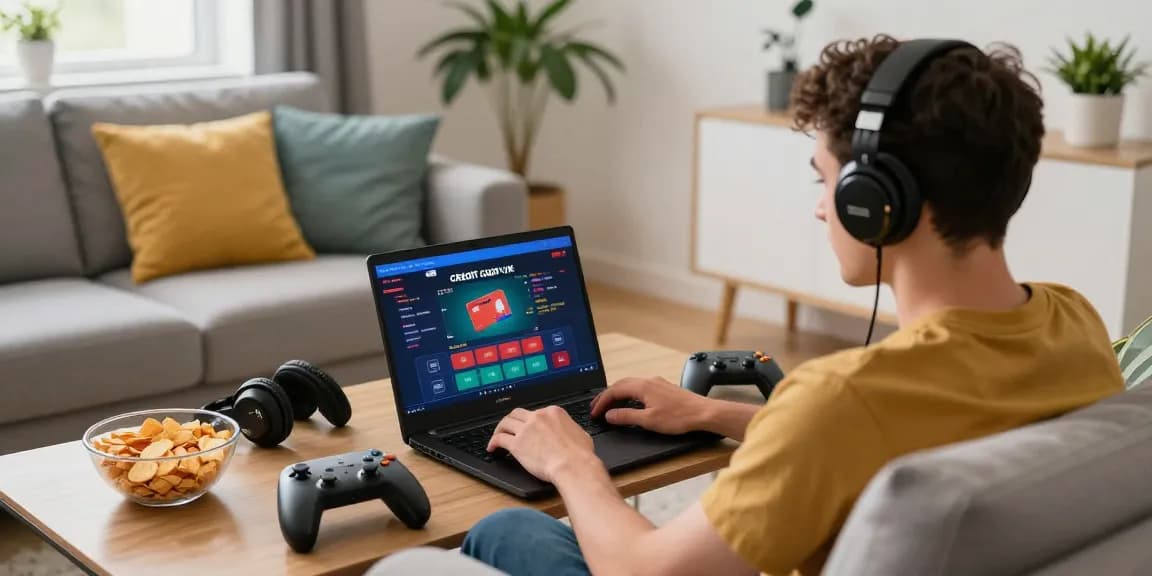 Engaged player using a credit card casino UK on laptop in cozy gaming environment