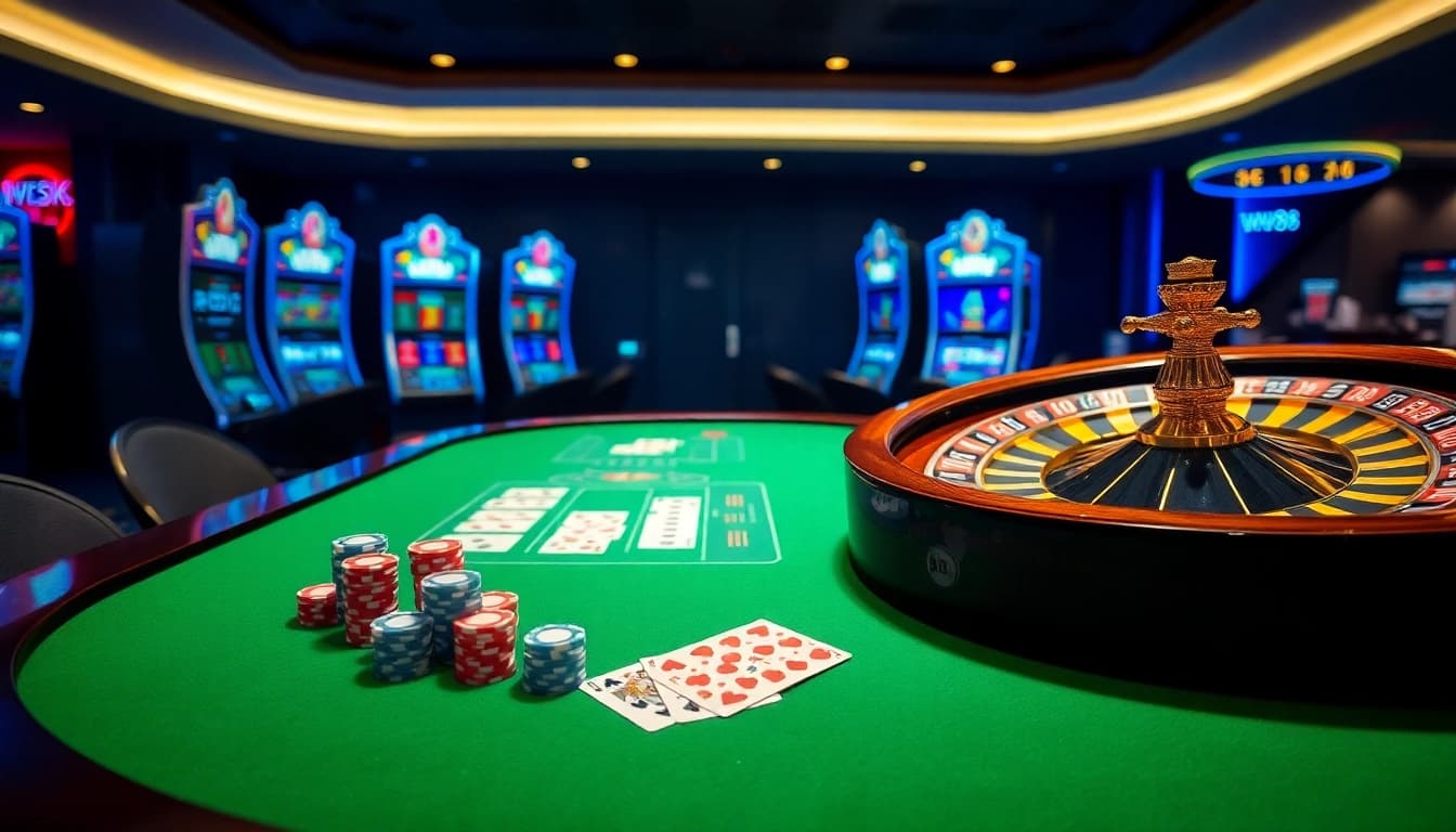 Experience high-stakes action with WW88 at a glamorous casino table featuring colorful poker chips.