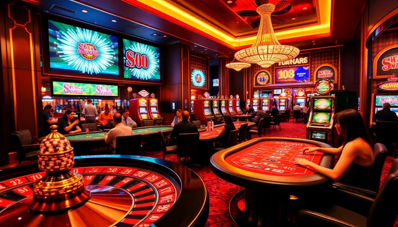 Xn88 bet excitement at a bustling casino table with players engaged in poker and roulette.