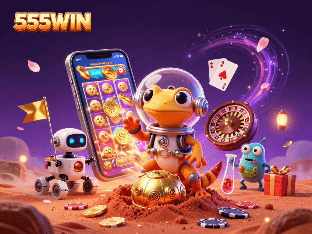 Experience the excitement of 555WIN in a dynamic 3D scene with a Martian gecko discovering a golden casino.