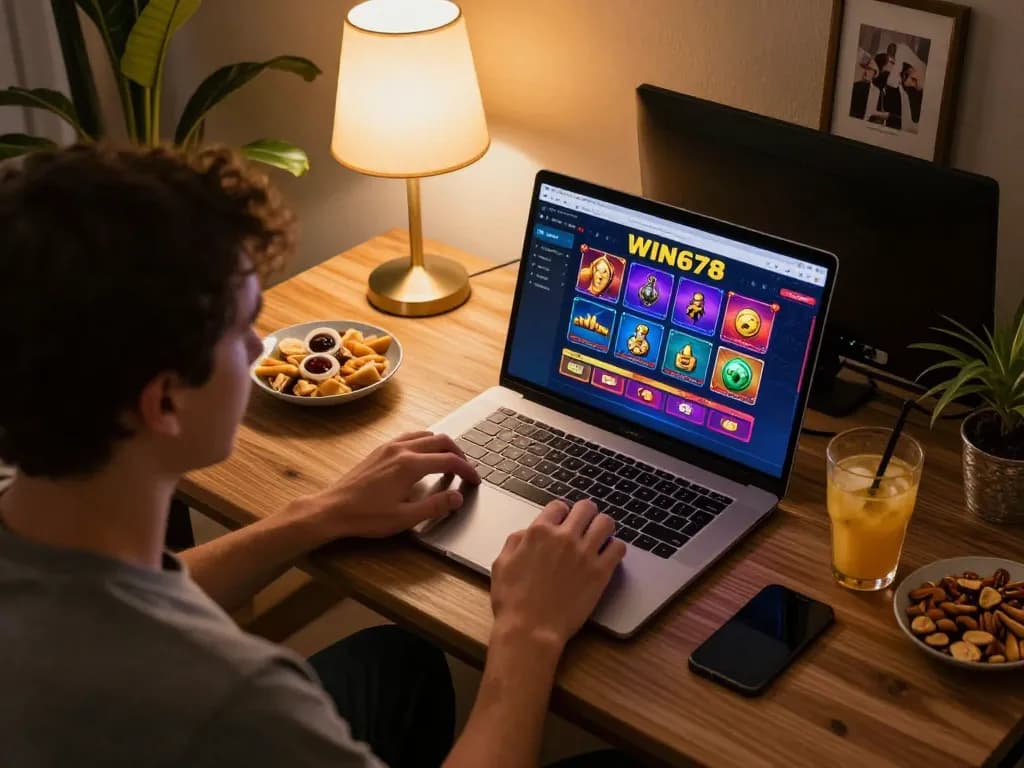Player engaging with the WIN678 casino interface on a laptop, creating an exciting online gaming atmosphere