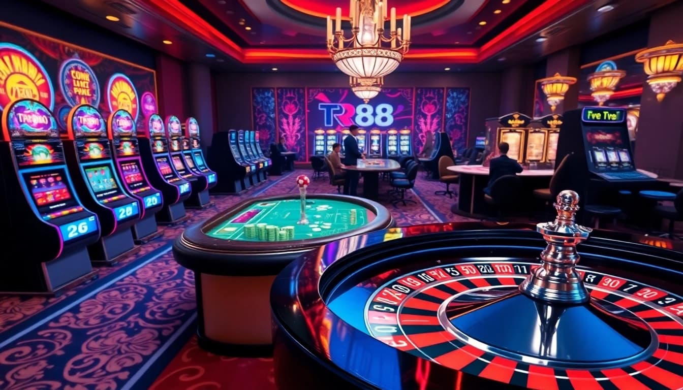 TR88 online casino gaming scene with vibrant tables, roulette wheel, and players betting.