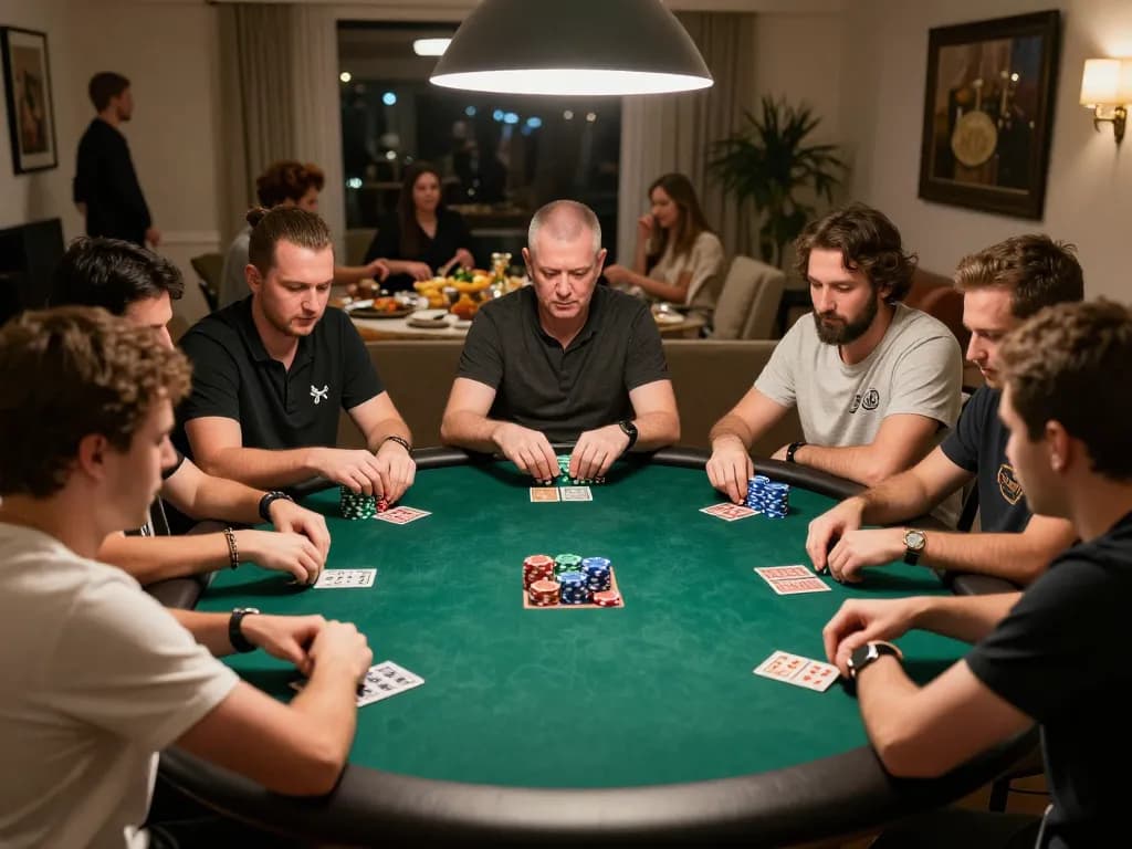 uu88 players engaged in a strategic poker game at home with colorful chips and focused expressions.