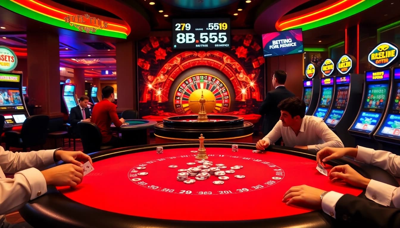 Players enjoying a high-stakes poker game at bl555 in a vibrant casino setting.