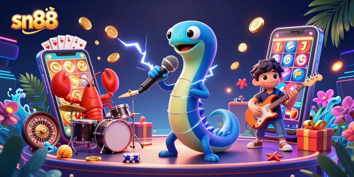 Experience the thrilling entertainment at SN88 with vibrant casino-themed characters in a packed underwater stage.