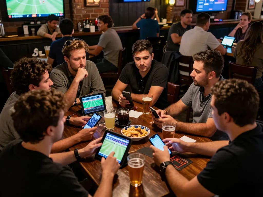 Friends engaging in sports betting at a lively bar while using f168 app for real-time bets.