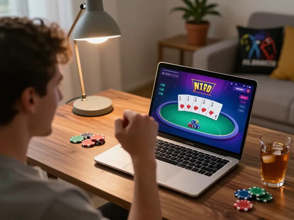 Pemain merayakan kemenangan di aplikasi poker Empire99, menunjukkan semangat dan permainan strategis di ruang tamu yang nyaman.