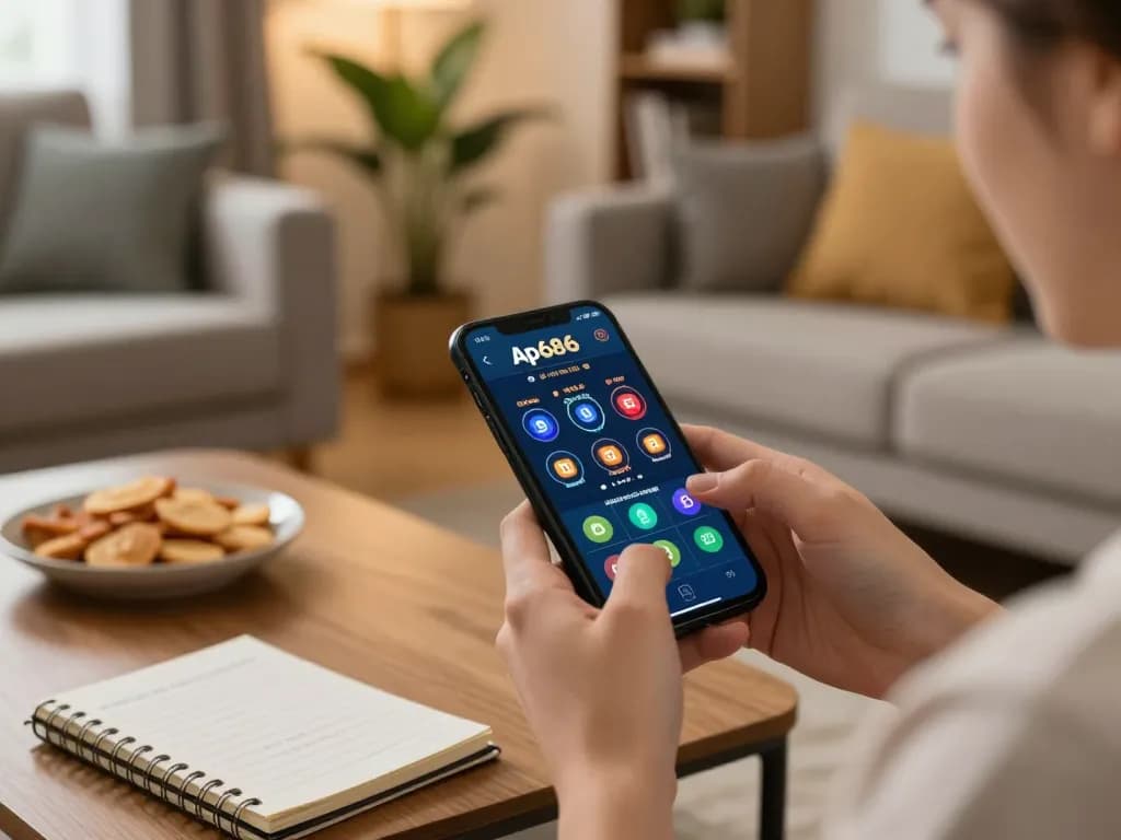Berinteraksi dengan aplikasi kasino ap686 di smartphone dalam suasana ruang tamu yang nyaman.