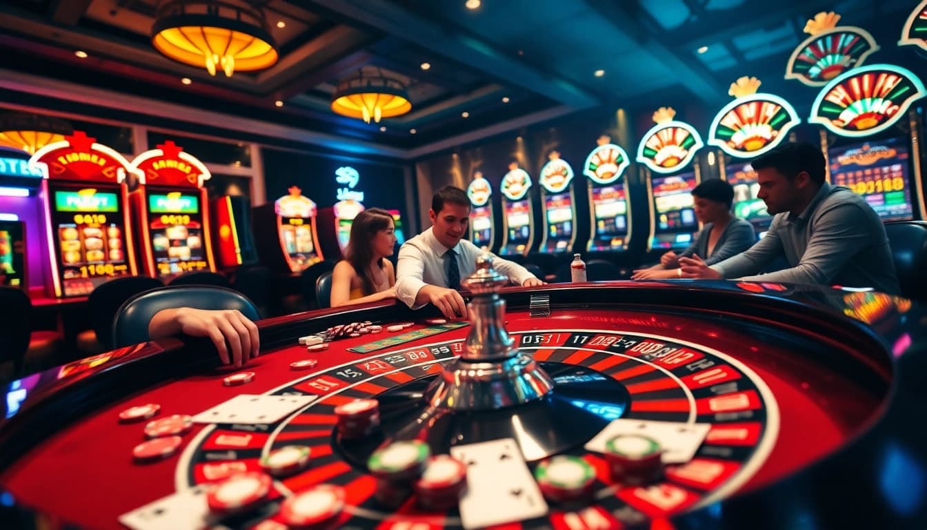 Experience the thrill of f168 at a luxurious casino table filled with colorful poker chips and slot machines.