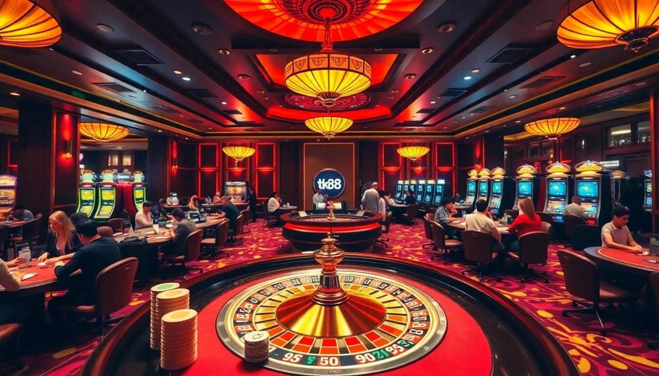 Players enjoying thrilling games at tk88 casino with vibrant lights and classic tables.