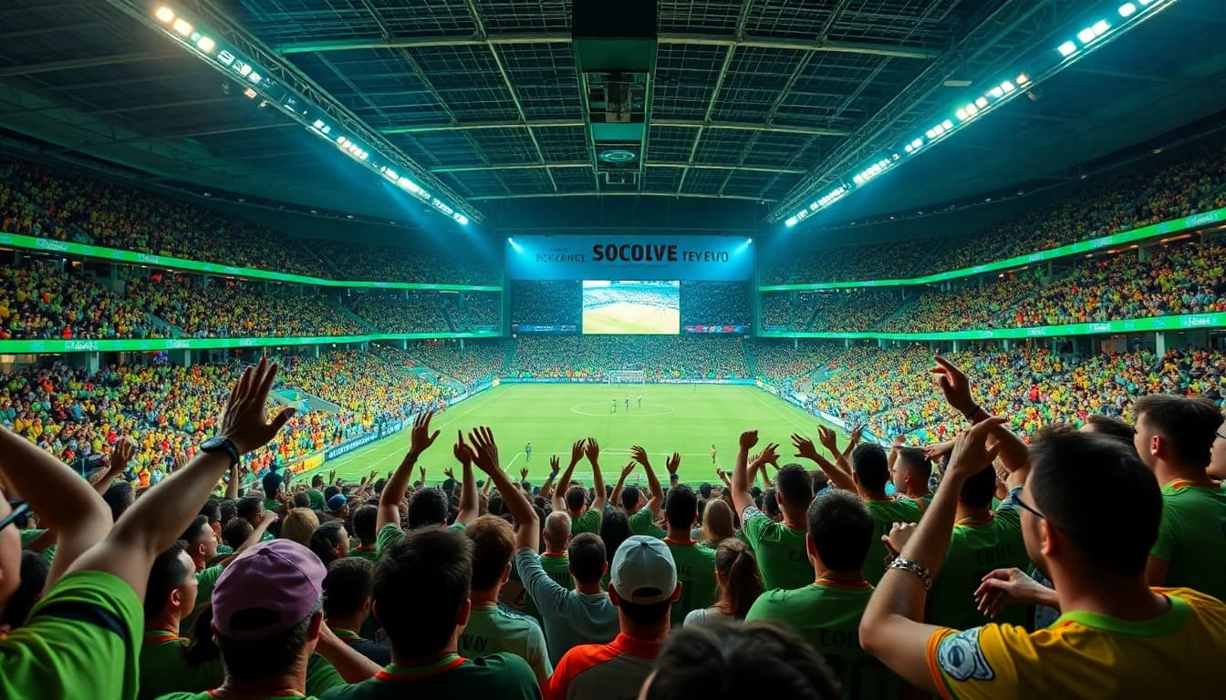 SOCOLIVE TV live soccer streaming scene with cheering fans and vibrant stadium atmosphere