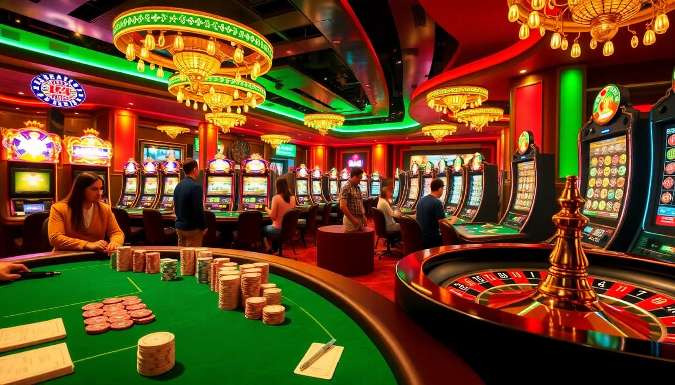 L444 Casino Scene with professional poker tables, colorful chips, and exciting slot machines.