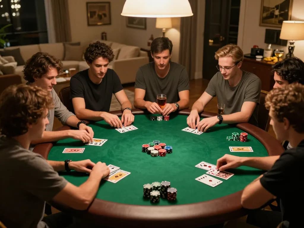 Engaged players enjoying a TK999 poker game night around a vibrant felt table, creating a competitive yet friendly atmosphere.