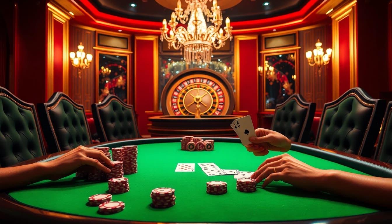 Players engage in high-stakes poker at RR88's luxurious casino, enhancing their winning chances.