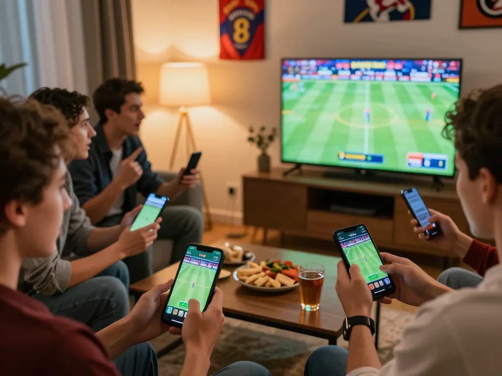 A group of friends enjoying live sports betting on their mobile devices, showcasing excitement and camaraderie in their cozy home.