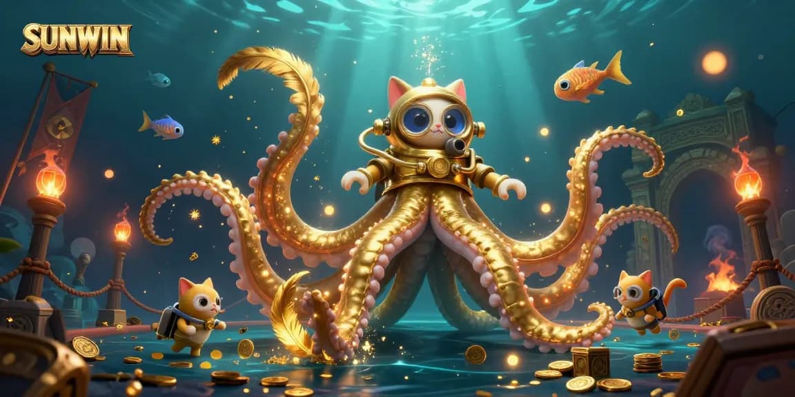 SUNWIN offers an exciting underwater betting adventure with a kraken and diving cat amidst vibrant treasure.