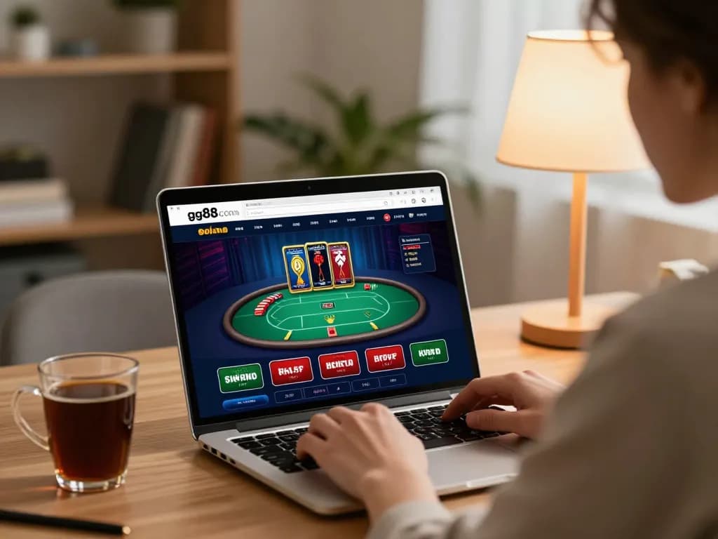 Enjoying poker gameplay on gg88 com from a cozy home setup with laptop and warm lighting