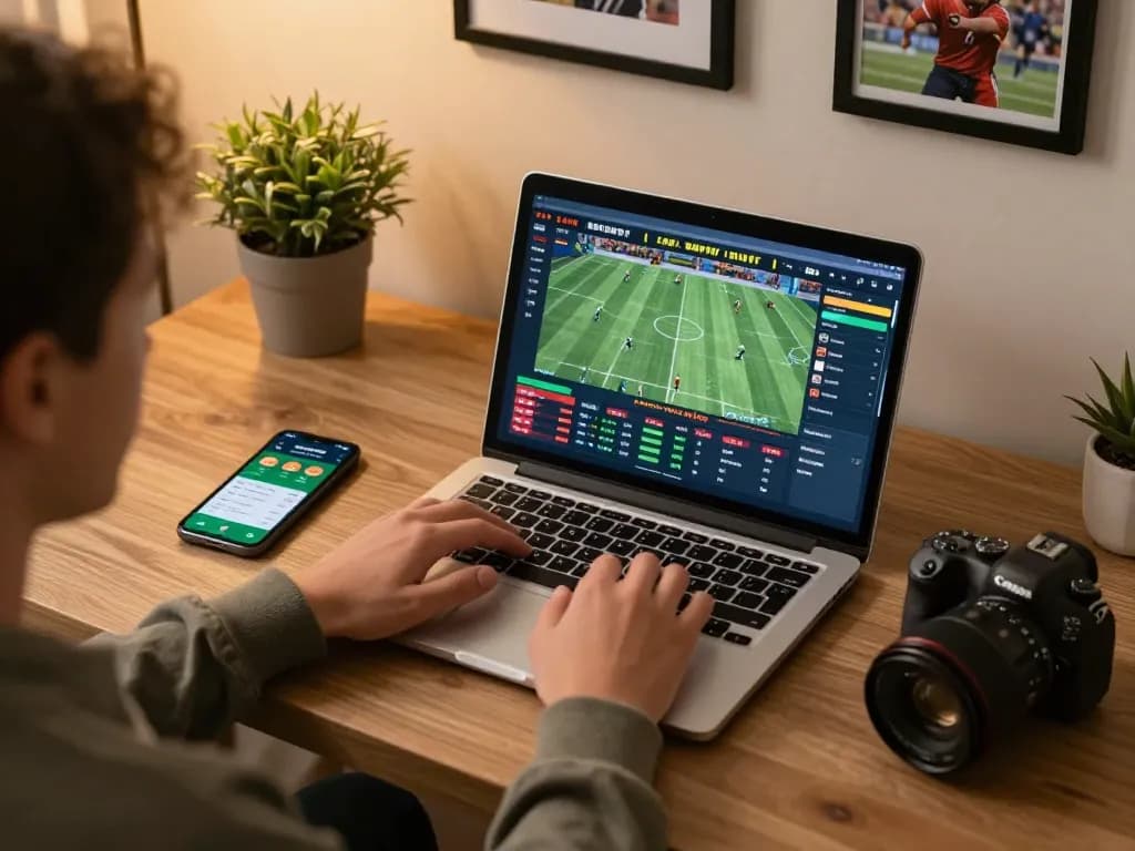 Engaging with live sports betting on mu88 com using laptop and smartphone in cozy home setting.