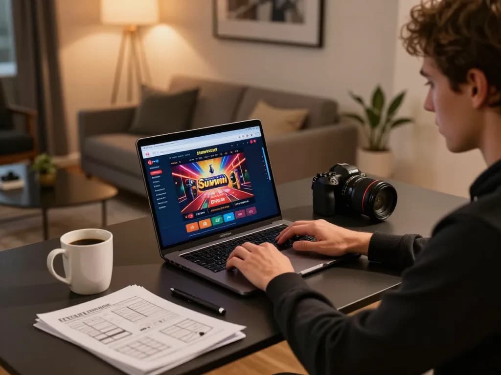 Engaging gaming setup showing a person using Sunwin interface for online gambling strategy.