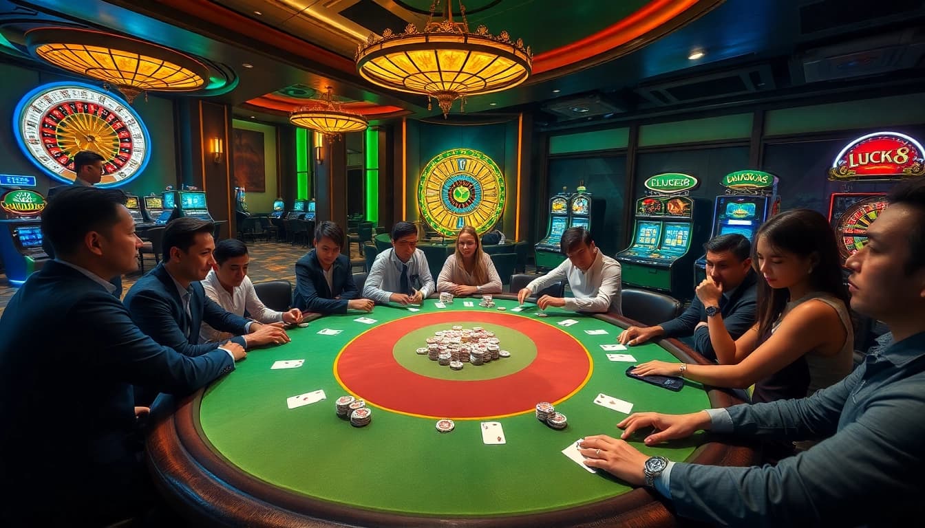 Players enjoying an exciting poker game with LUCK8 branding in a luxurious casino setting.