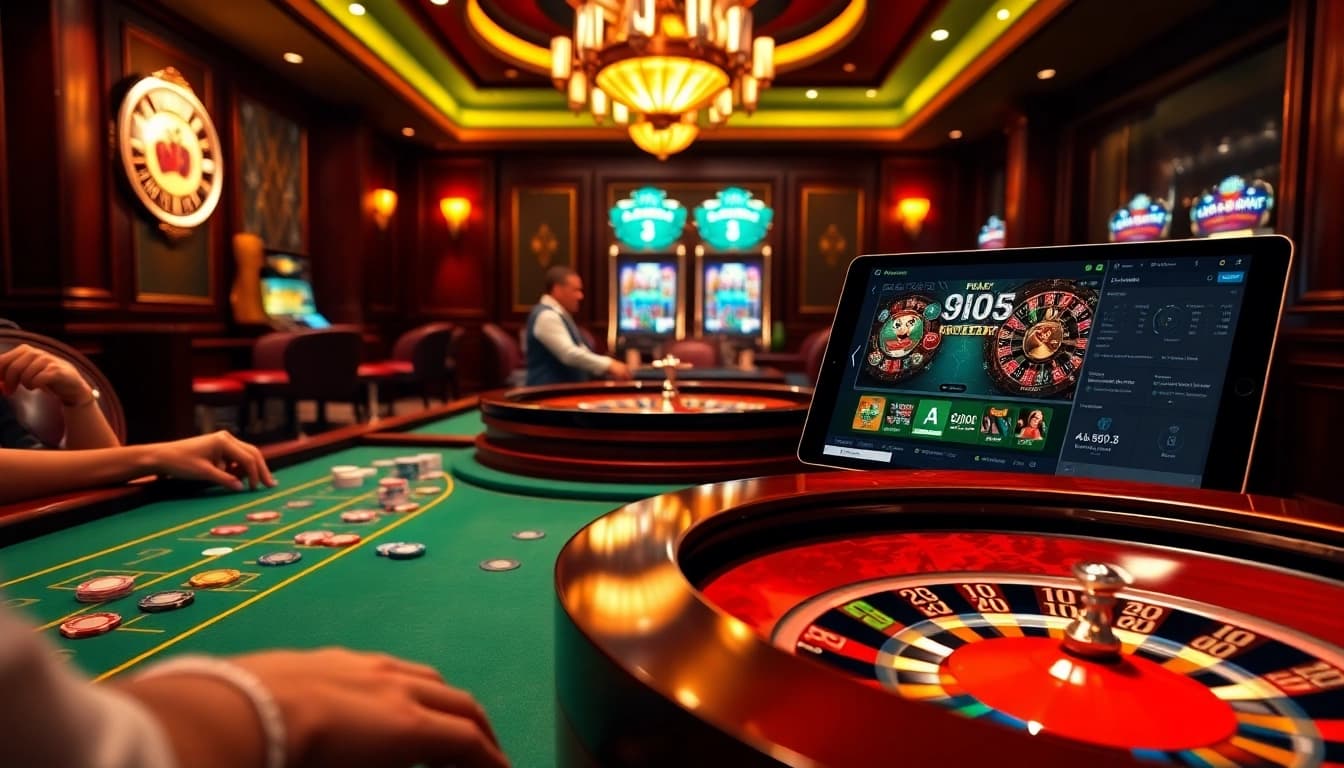Players enjoying poker at an upscale casino, with Okking-themed vibrant chips and luxury ambiance.