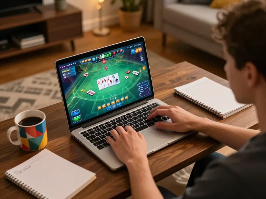 Person enjoying F168BET online gaming with strategy notes and a warm, inviting atmosphere.
