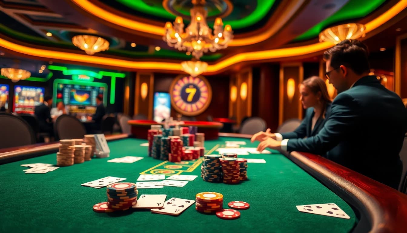 Players enjoying high-stakes poker at 789P's luxurious casino table with vibrant ambiance.
