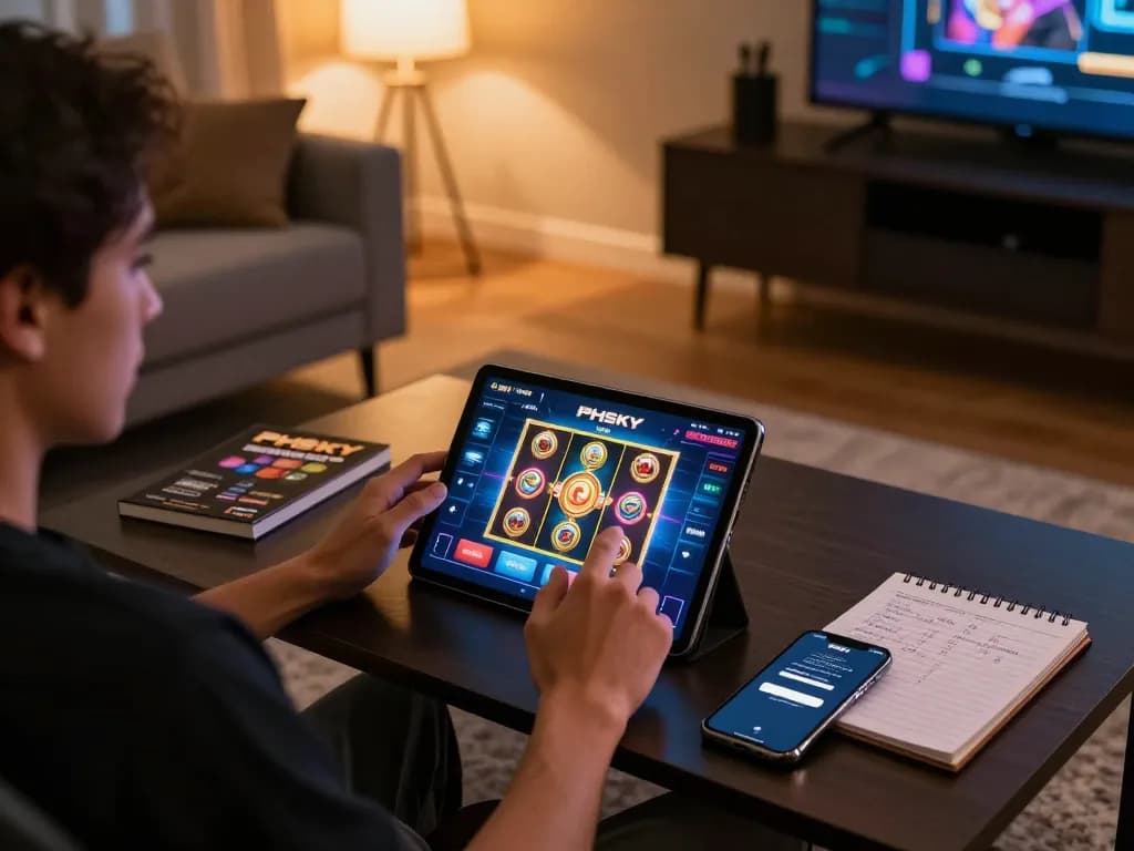 PHSKY player enjoying online gaming on a tablet at home, showcasing a cozy setup.
