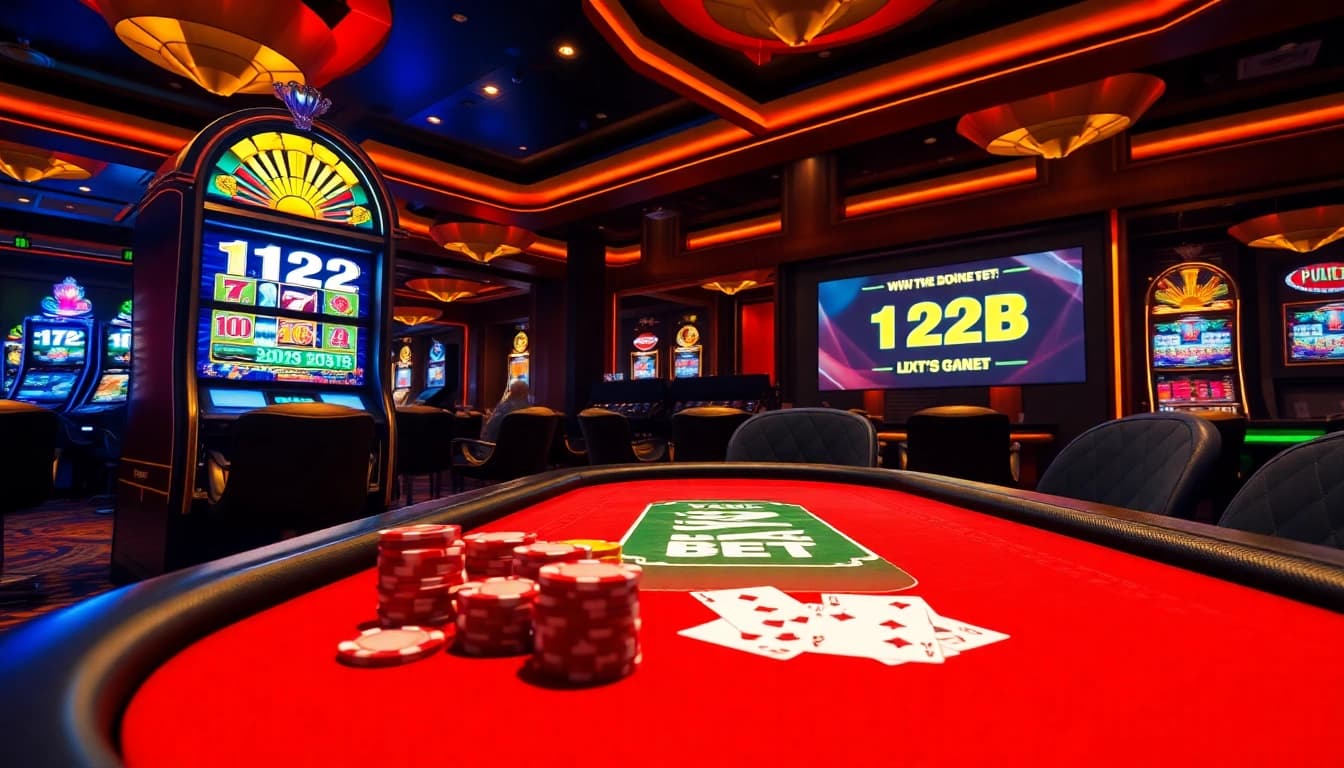 Engage with thrilling games at https://123b.ing/ featuring a vibrant casino scene with poker chips and cards.