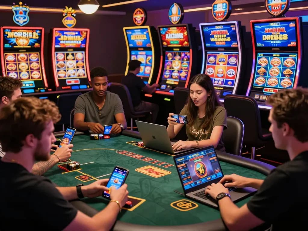 Exciting BJ888 online gaming scene with diverse players engaged on laptops and smartphones, showcasing vibrant casino graphics.