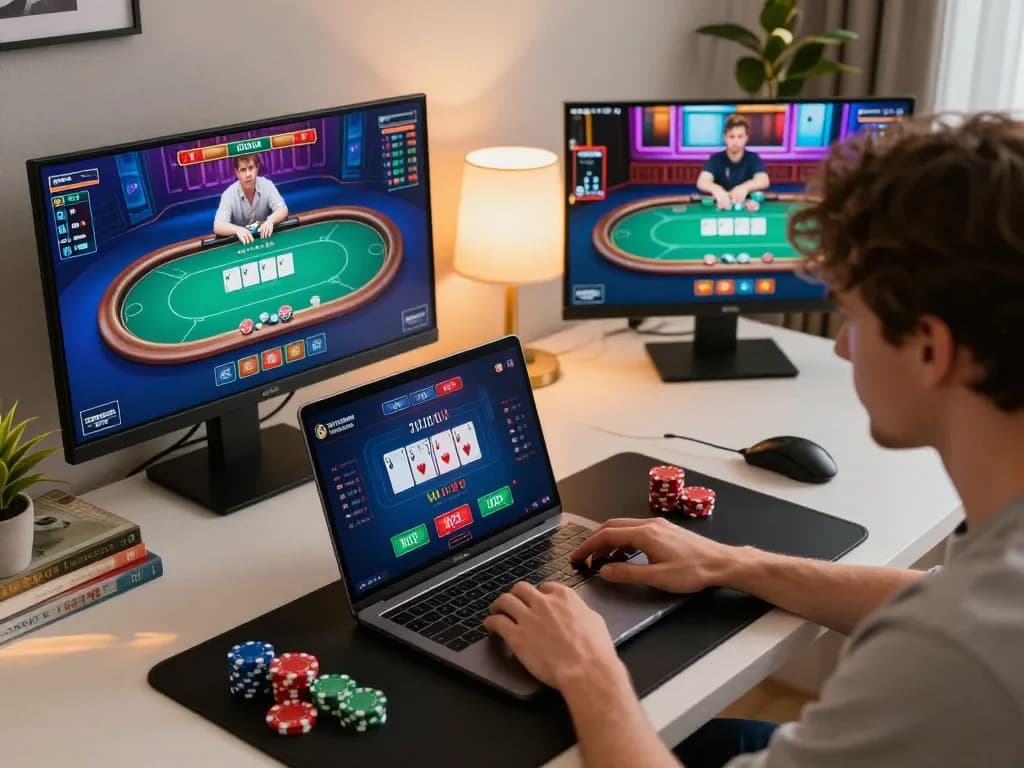 Pemain terlibat dalam permainan poker online yang mendebarkan di rumah, menampilkan antarmuka permainan telepathywear dengan kartu yang berwarna-warni.