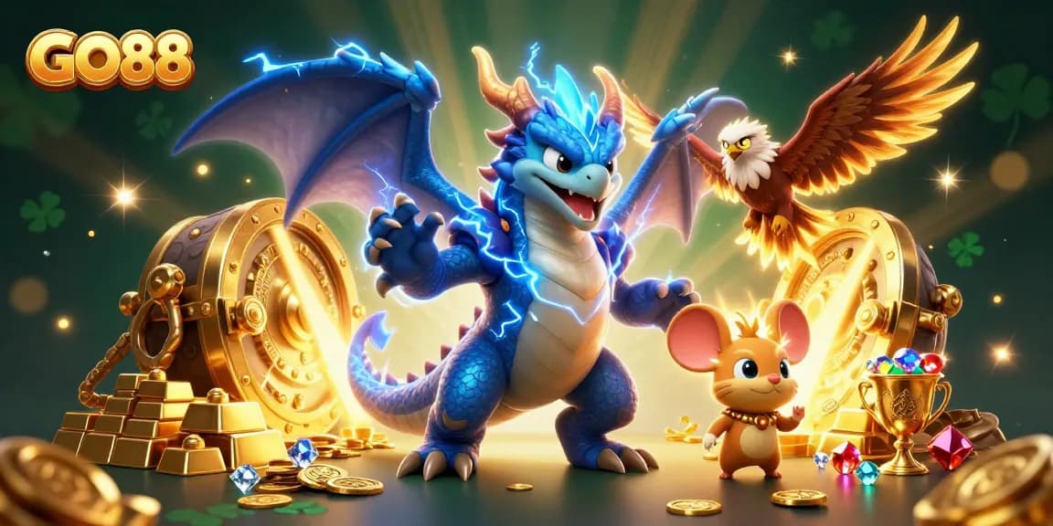 Experience the excitement of GO88 with treasures and vibrant game elements in this casino-themed illustration.