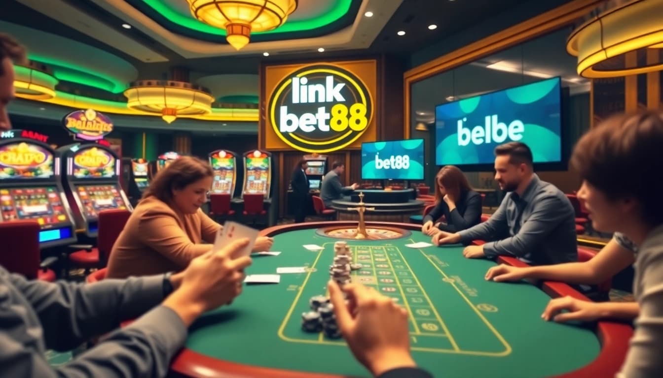 Exciting online casino scene showcasing players betting at a poker table, featuring link bet88 prominently displayed.