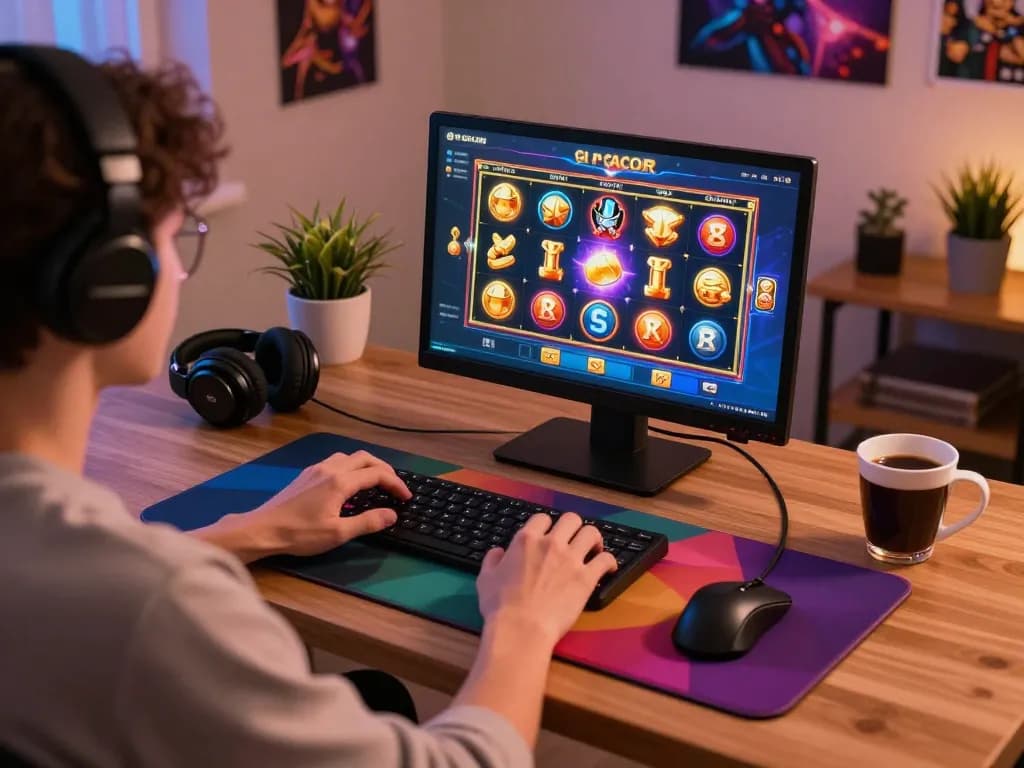 Engaging player enjoying slot online gacor with vibrant graphics in cozy home gaming setup
