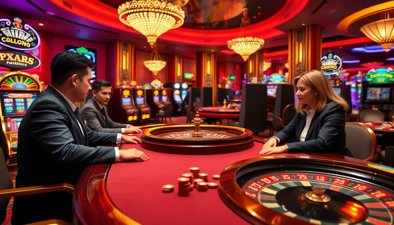 Players enjoy high-stakes poker in a luxurious casino atmosphere at xx88.