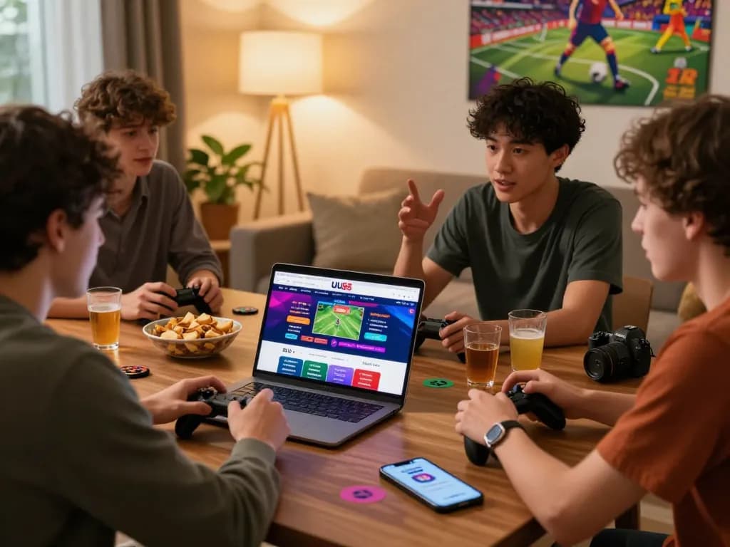 Friends enjoying a game night while strategizing their bets on UU88's platform, capturing excitement and community spirit.