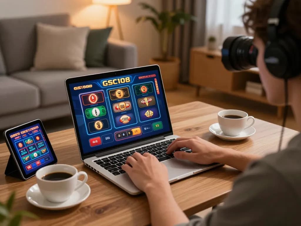 Pemain terlibat dalam permainan slot online Gsc108 di laptop, lingkungan rumah yang nyaman