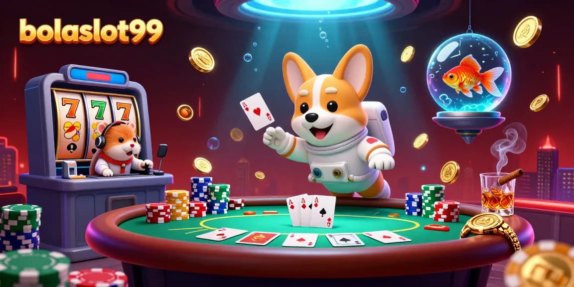 Bolaslot99 showcases a vibrant scene with an astronaut corgi in a space station casino, featuring colorful slot machine elements.