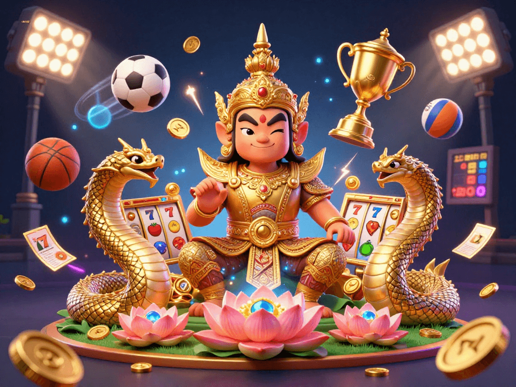 Engage with link slot gacor in a vibrant 3D illustration showcasing Thai guardian, sports elements, and slot symbols.