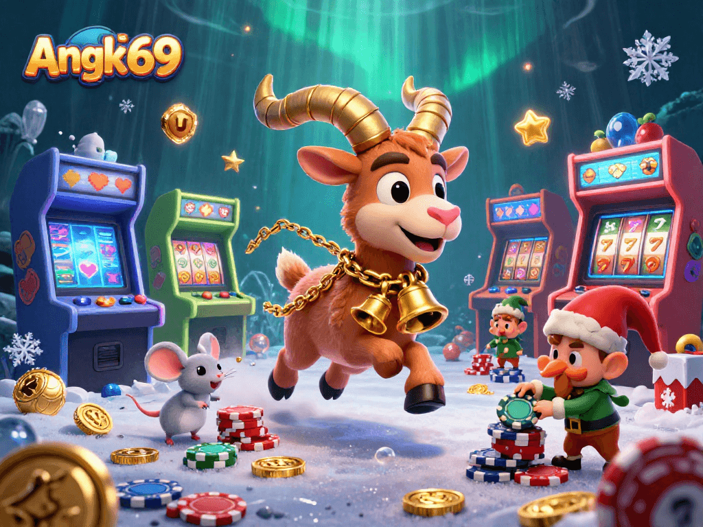 Engage with Angka69's thrilling gaming experience featuring vibrant casino action and playful characters.