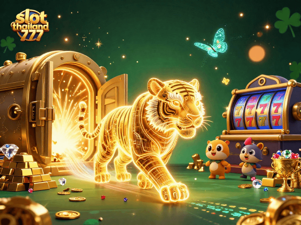 Spin the reels with slot thailand 777: A neon tiger and treasure in a dazzling casino.