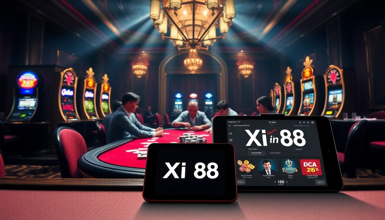 Players strategizing at a poker table in a luxurious casino atmosphere centered around Xin88.