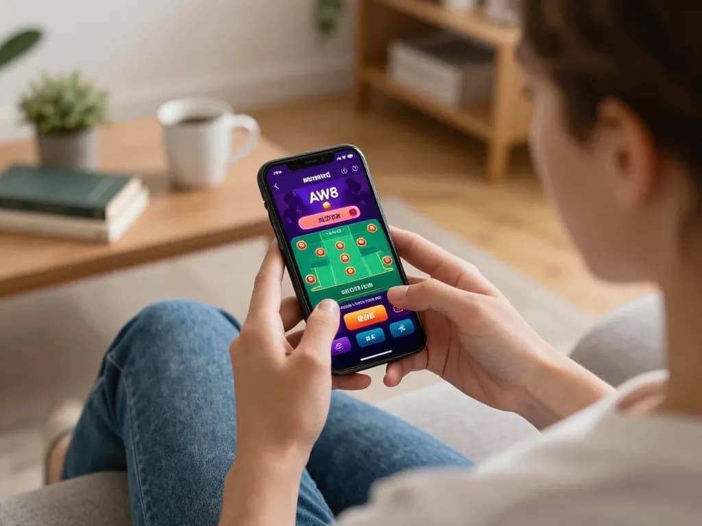 Player enjoying mobile gaming on the AW8 casino app, displaying an engaging live dealer interface.