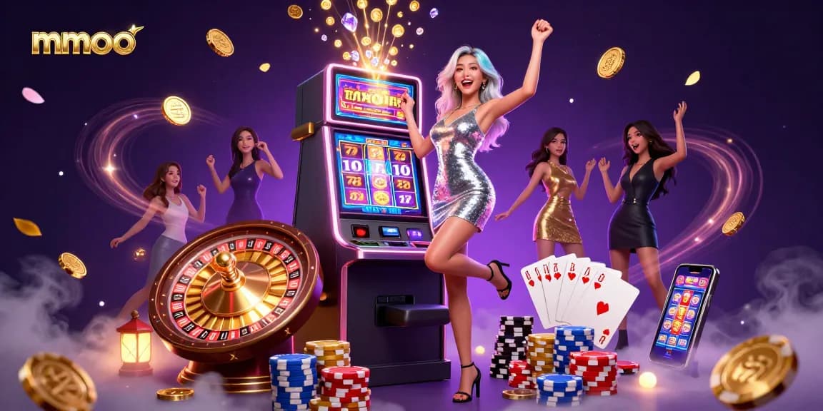 Experience thrilling jackpots at mmoo casino with vibrant slot machines and casino elements.