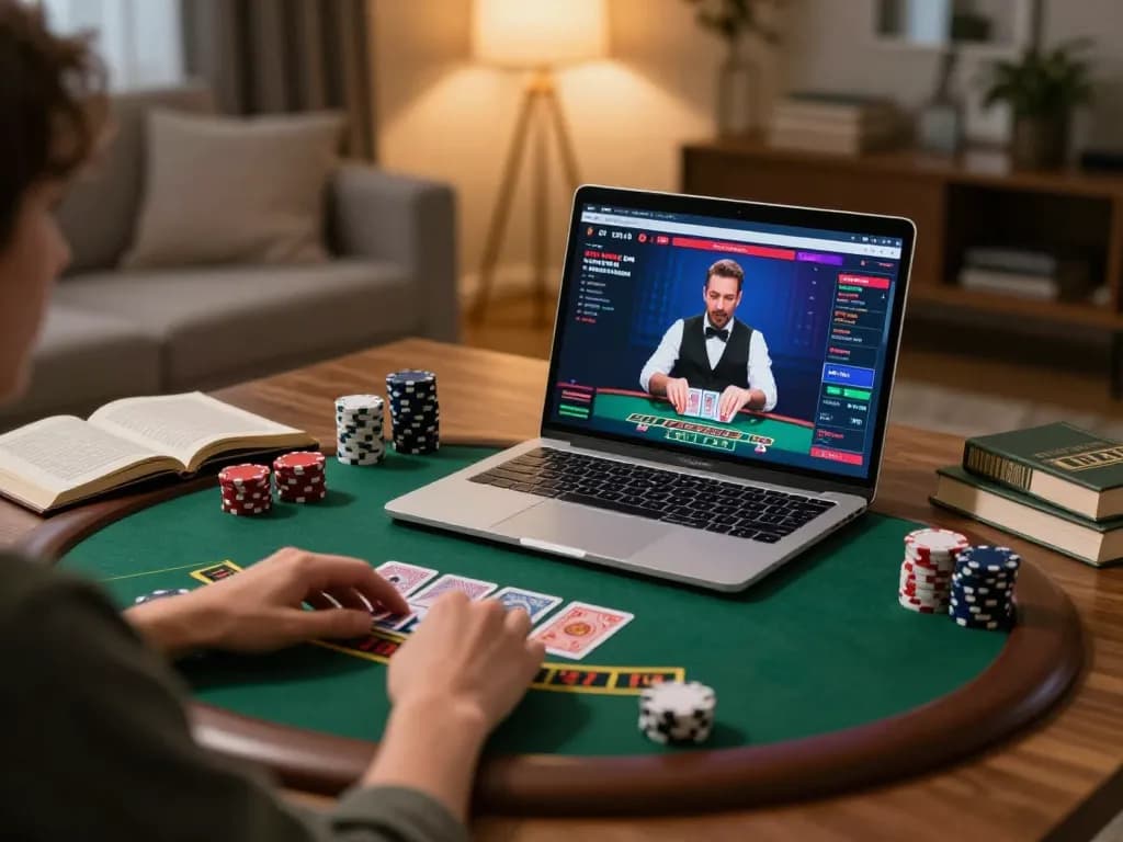 Engaging in live dealer blackjack on nhacaiuytin from a cozy home setup, emphasizing responsible gaming.