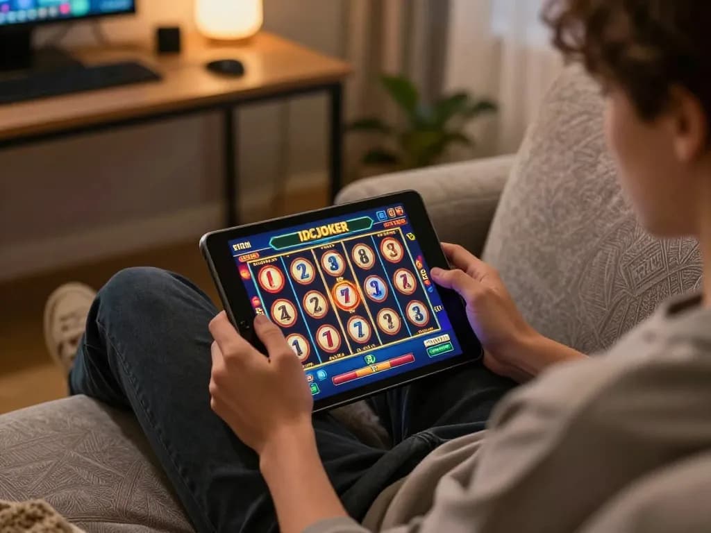 casascholars player enjoying IDCJOKER slots on a tablet in a cozy home setting